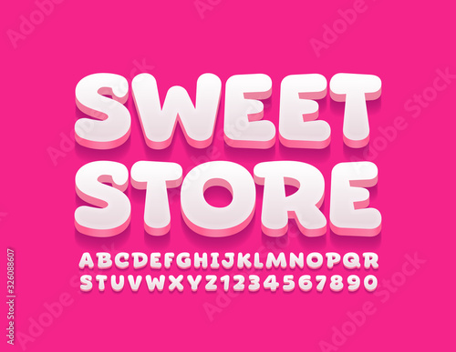 Vector bright logo Sweet Store. Cute Kids Font. Creative 3D Alphabet Letters and Numbers.