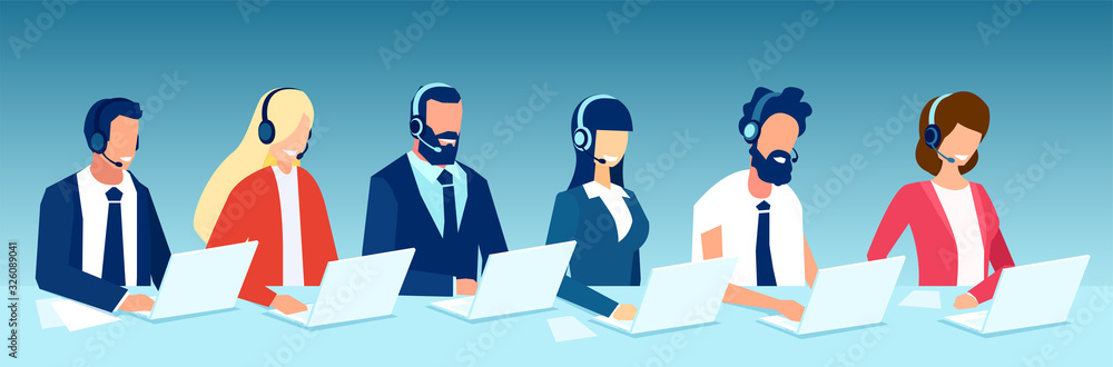 Vector of office employees men and women with headsets