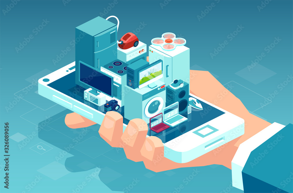 Vector of a man holding smartphone with consumer electronics products and home appliances buying online