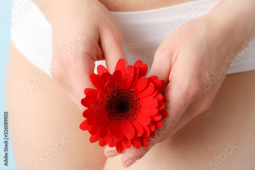 Woman in panties holding gerbera, close up photo