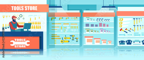 Vector of salesman and a tools shop interior