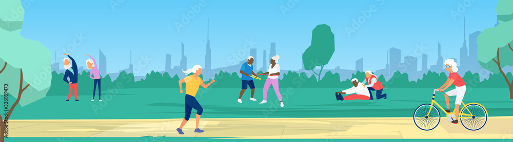 Vector of elderly people exercising, running, cycling in the park