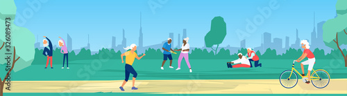 Vector of elderly people exercising, running, cycling in the park