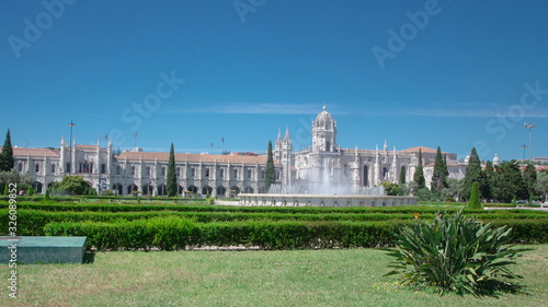 The Jeronimos Monastery or Hieronymites Monastery with lawn and fountain is located in Lisbon, Portugal timelapse