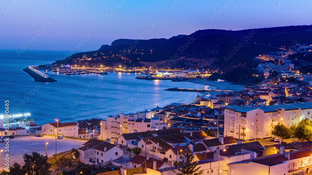 Twilight after sunset in Sesimbra, Portugal timelapse