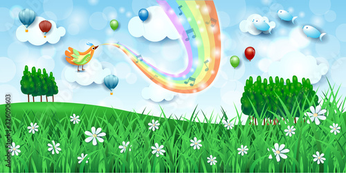 Fantastic landscape with meadows, bird, music and rainbow colors