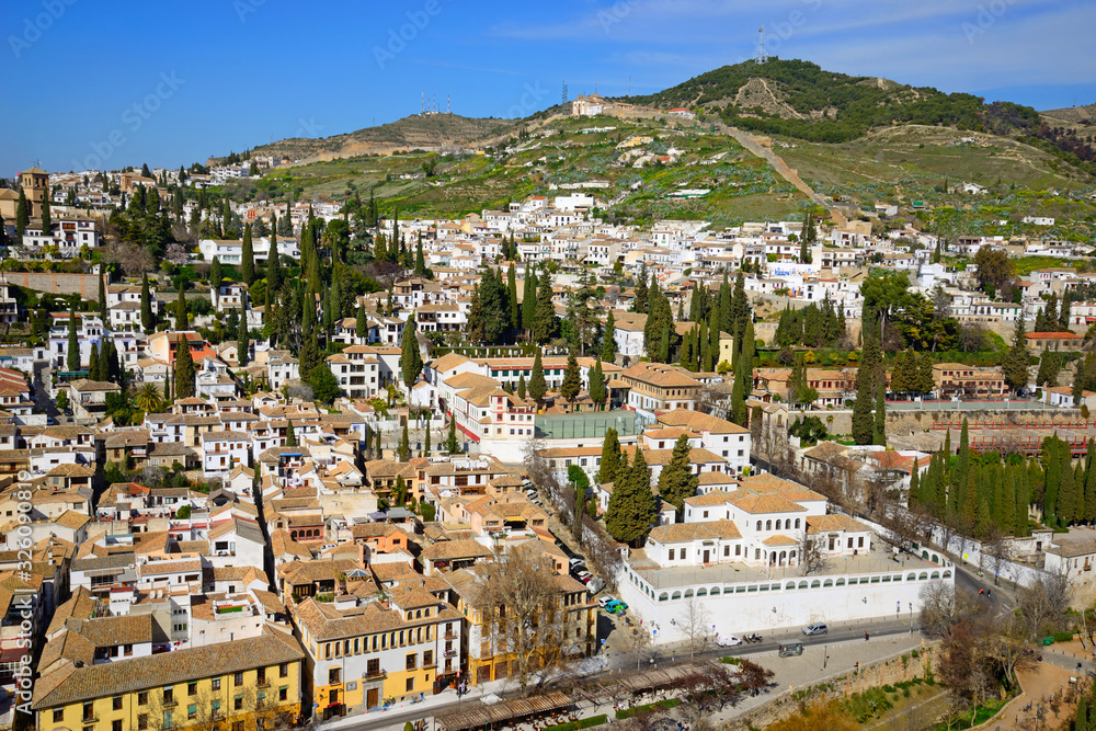 Granada, Spain - February 20, 2020: Overview of a part of the city of Granada.