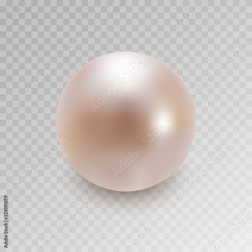 Pink pearl with shadow isolated on white background. Realistic shiny oyster pearl for luxury accessories. Sphere shiny sea pearl. Beautiful natural white pearl. Shiny 3D jewel with light effects