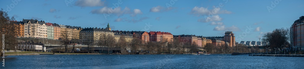 View over the Stockholm district Vasastan by the embarkment Klarastrandsleden with reisdents and offices in the city. 