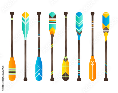 Set of realistic oar paddle. Isolated wood