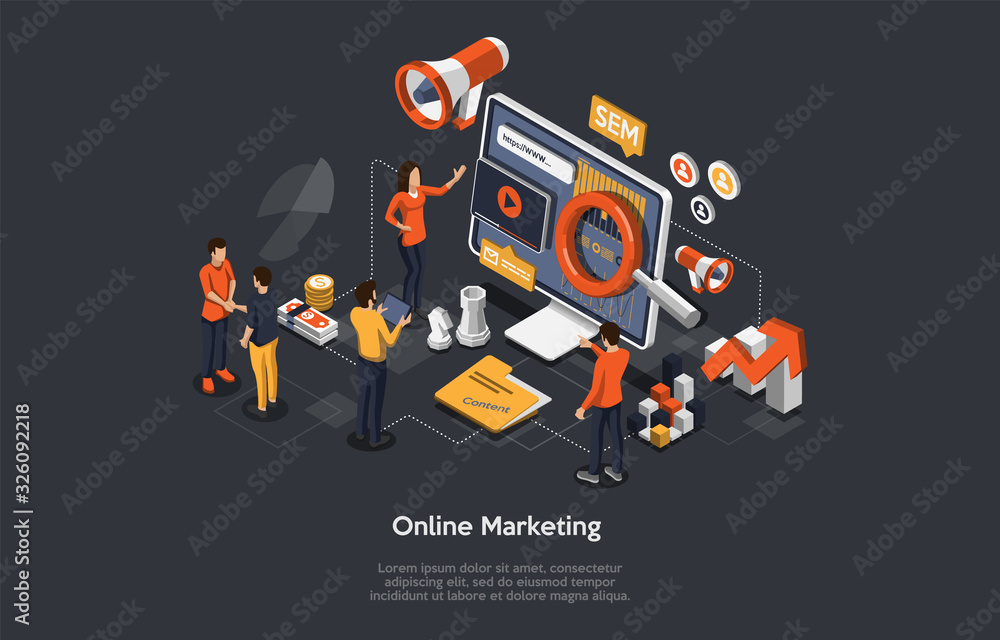 Naklejka premium Online Marketing Concept. Internet Strategies And Development, Social Media, Business Goal. Marketers Analyze Data And Develop Startup And Product Promotion Strategies. Isometric Vector Illustration