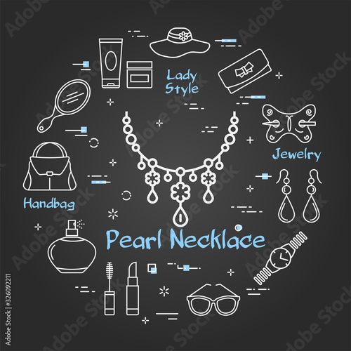 Woman Black Accessories Concept with Red Pearl Necklace Icon
