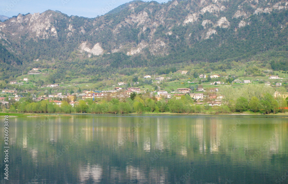 Lake in northern Italy, LAKE OF IDRO, border between lombardia and trentino, stunning view of lake in spring time