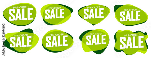 Set Pre-Order Sale bubble banners design template, discount tags, app icons, vector illustration