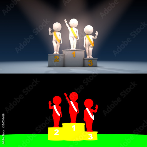 Beauty contest winner on podium, 3D render