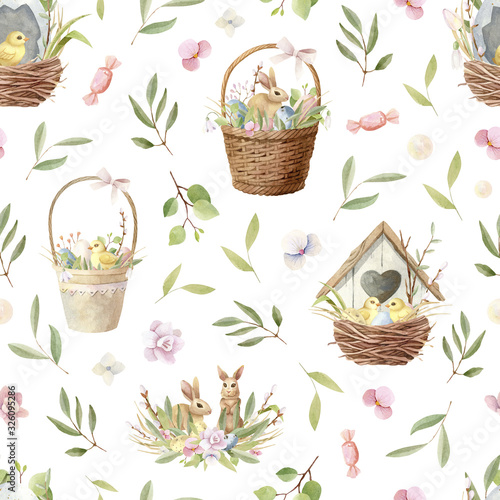 Photography Watercolor Easter seamless pattern with birdhouse and baby chickens