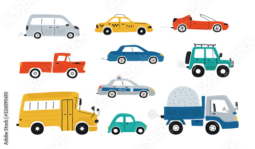 Collection of cute baby's cars isolated on a white background. Icons in hand drawn style for design of children's rooms, clothing, textiles. Vector illustration
