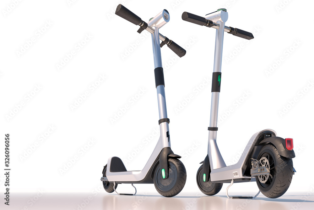 Modern electric scooters isolated on white background. Eco sharing transport. 3d rendering. Modern electric scooters isolated on white background. Eco sharing transport. 3d rendering.