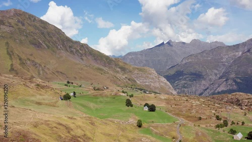 Rising drone flight above Saugue plateau area between Gedre and Gavarnie. Pyrenees, France.  