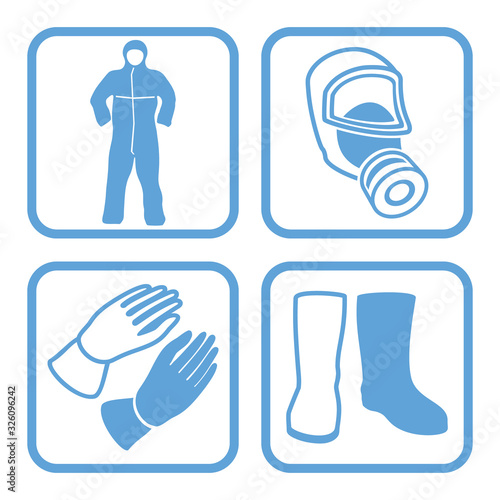 Protective equipment, collection of square blue signs. Symbols of a protective suit, protective gloves, boots, gas mask with a replaceable filter element. Vector illustration.