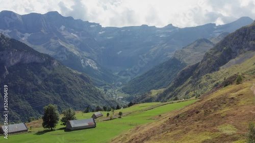 Rising drone flight. Cirque de Gavarnie. Pyrenees, France.