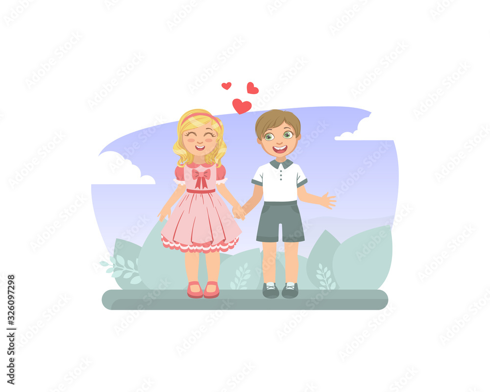 Cute Boy and Girl Holding Hands, Friendship and Love Between Kids, Happy Valentine Day Vector illustration Cute Boy and Girl Holding Hands, Friendship and Love Between Kids, Happy Valentine Day Vector illustration