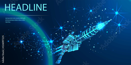 Plasma rocket. Planetary nuclear powered spaceship. Space Launch System Flying. Low poly wireframe style. Vector