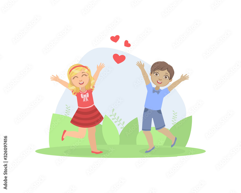 Cute Happy Boy and Girl Walking in the Park, Friendship and Love Between Kids, Happy Valentine Day Vector illustration