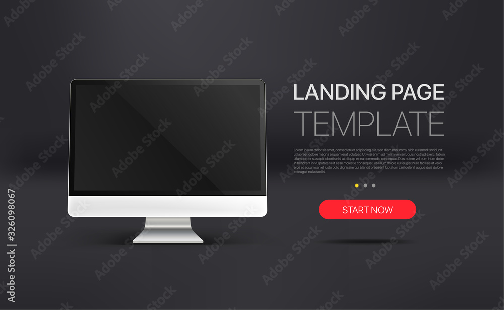 Promo landing page template with modern computer. Template with sample text and button Promo landing page template with modern computer. Template with sample text and button