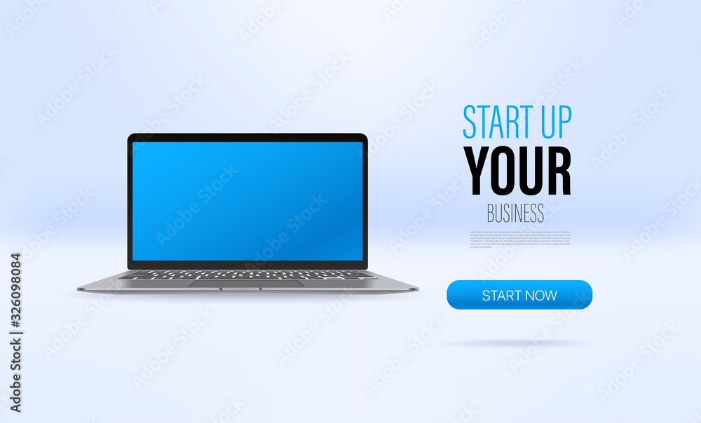 Start up your business promo landing page template with laptop and sample text. Mockup for presentation, websites, applications and landings