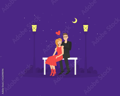 Happy Loving Couple in Love Having Romantic Date at Night in Park Vector Illustration