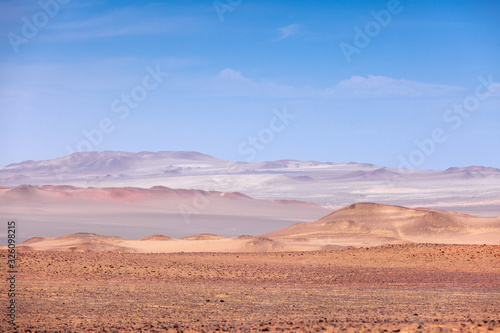 Desert view Paracas National Reserve, desert sand mountains.