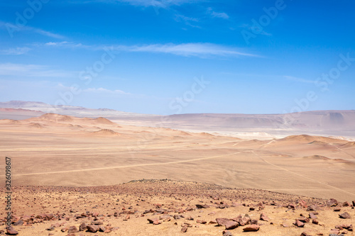 View of the Paracas Desert, Peru, blue sky, no people.