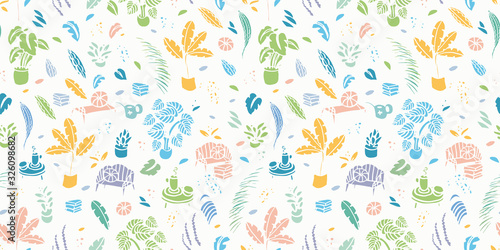 Hygge lifestyle pastel plant pattern with modern floral and shape in pastel tones. Happy cozy tropical plant pattern. Surface pattern design.