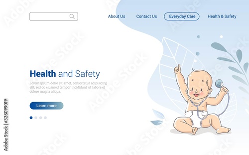 Baby Health Concept. Healthcare and Medical Web Page Design Template with Baby and Stethoscope in His Hand. Vector illustration