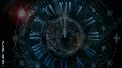 Photo vintage clock. Abstract interplay of clock symbols and graphic elements on the subject of time, technology, past, present and future.