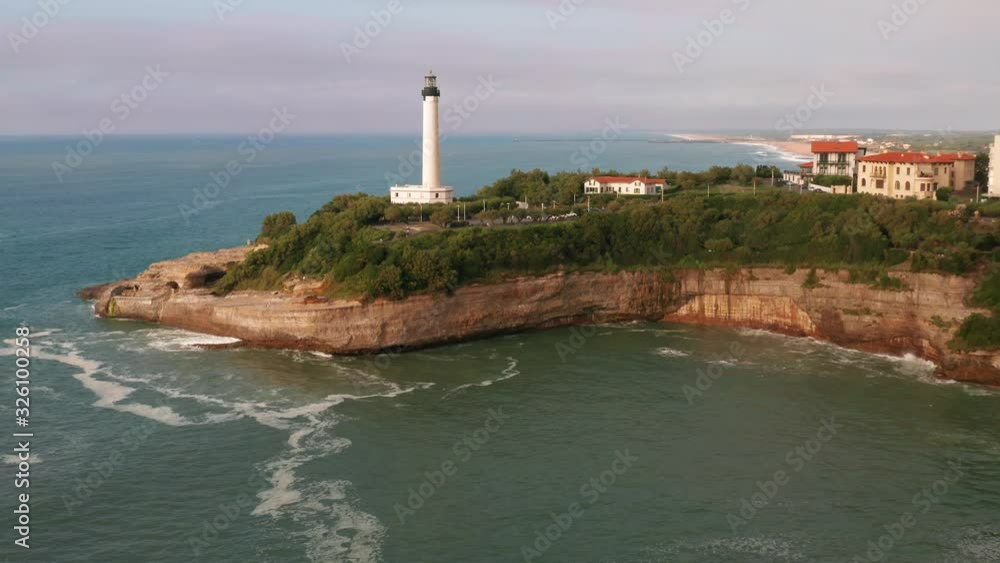 Static drone shot of lighthouse. Atlantic Ocean, Cape Hainsart, Biarritz, France. Phare de Biarritz. Static drone shot of lighthouse. Atlantic Ocean, Cape Hainsart, Biarritz, France. Phare de Biarritz.