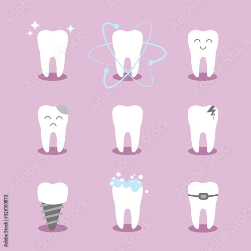 Set of cartoon clean and dirty teeth isolated on pink background. Flat style dental health concept. Oral hygiene  teeth cleaning. Vector illustration.