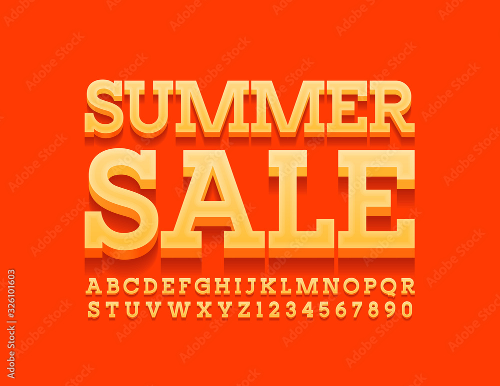Vector bright poster Summer Sale. Modern orange Font. Trendy Alphabet Letters and Numbers