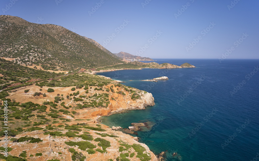 Aerial view on coast and sea near Kalo Horafi or Vossako beach on Crete, Greece.
