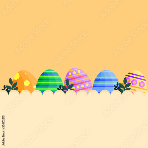 This is vector flat happy Easter Day background. Cute card with Easter eggs and leaves on yellow background. © Halyna