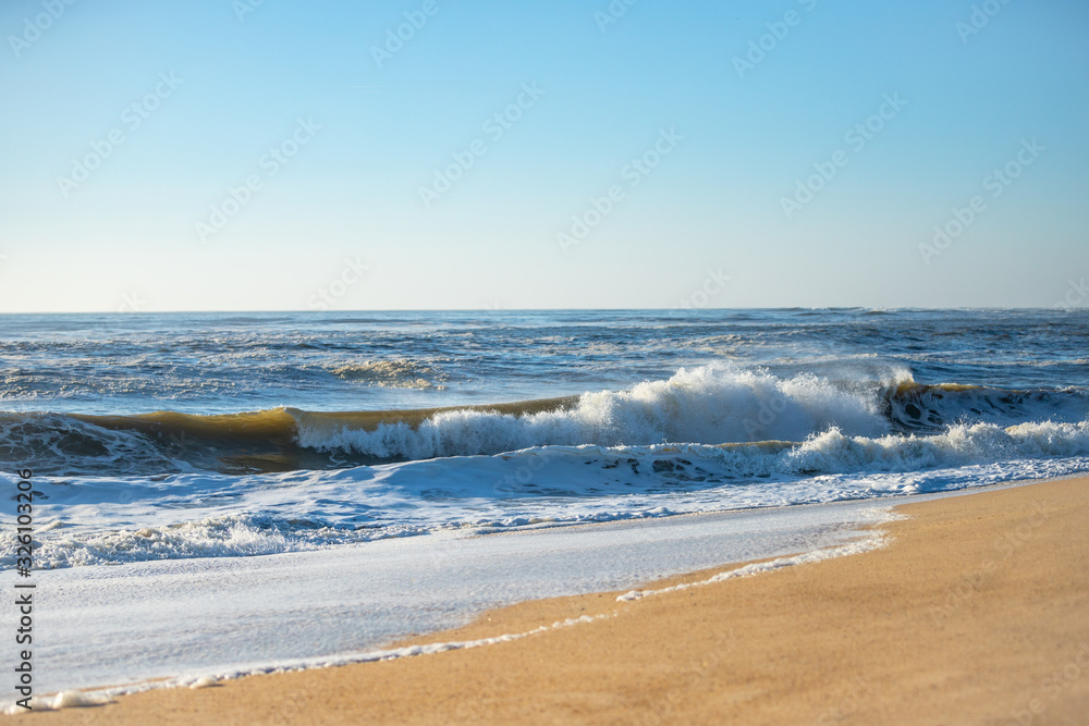 Water with waves. Atlantic Ocean. Portugal. Figueira da Foz.