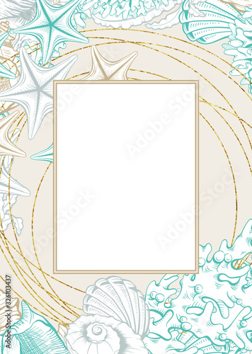 Vertical Frame with Gold Seashells. Isolated vector poster with contour drawing sea shells for wedding design and thank you cards templates.