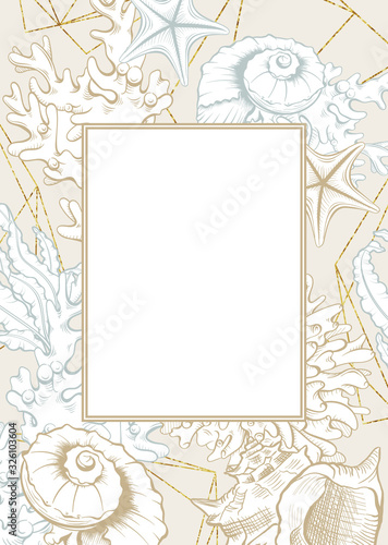 Vertical Frame with Beige Seashells. Isolated vector poster with contour drawing sea shells for wedding design and thank you cards templates.