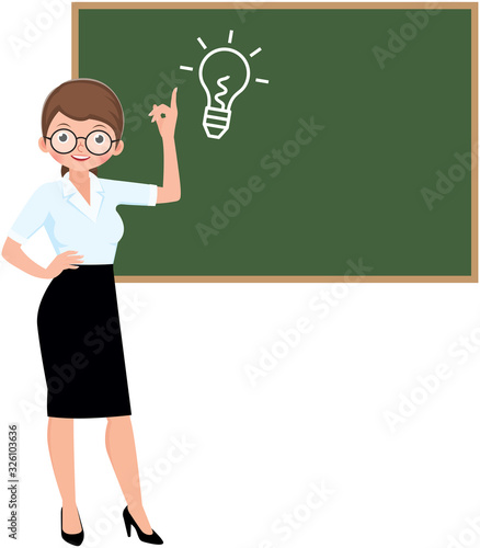 Cartoon character vector woman teacher standing at the blackboard