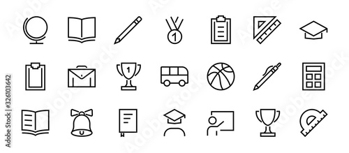 A simple set of school items. Contains icons such as student, award, geography, physical education, geometry and more. On white background. Editable stroke. 480x480