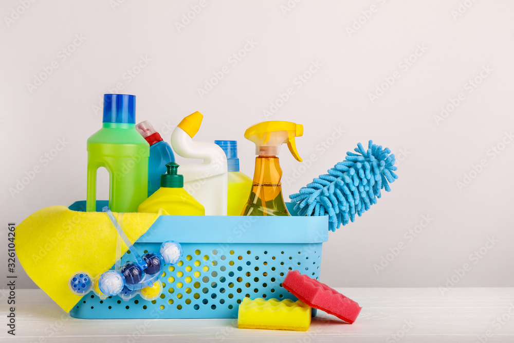 Set of cleaning products on white background - obrazy, fototapety, plakaty 