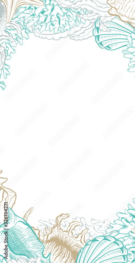Shell Design Vertical Vertical Frame with Seashells. Isolated vector poster with contour ...