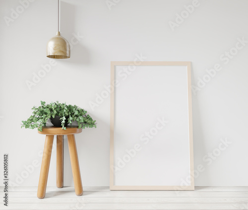 3d rendering white Poster frame mockupon the white wall,table,basket and plant on the wooden floor ,raw concrete wall