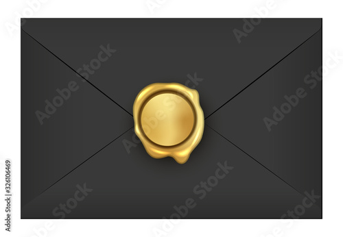 Realistic closed vintage old aged black letter envelop with round golden wax seal stamp. Paper parchment. Ancient postage symbol collection. Post object isolated on white. Vector illustration.
